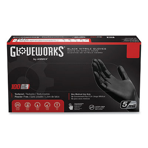 GloveWorks by AMMEX Industrial Nitrile Gloves, Powder-Free, XX-Large, 5 mil Thick, 9.5" Long, Black, 100/Box, 10 Boxes/Carton (GPNB49100)