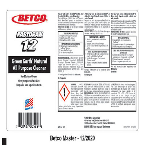 Betco Green Earth FastDraw Natural All Purpose Cleaner, Clean Scent, 2 L Bottle, 4/Carton (1984700CT)
