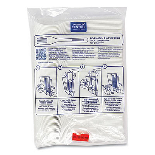 World Centric Cutlery Dispenser Refills, Fork, Plastic, Light Beige, 100/Bag, 10 Bags/Carton (FOPS6DP)