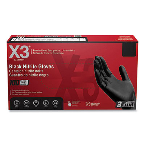 X3 by AMMEX Industrial Nitrile Gloves, Powder-Free, Medium, 3 mil Thick, 9.5" Long, Black, 100/Box, 10 Boxes/Carton (BX344100)