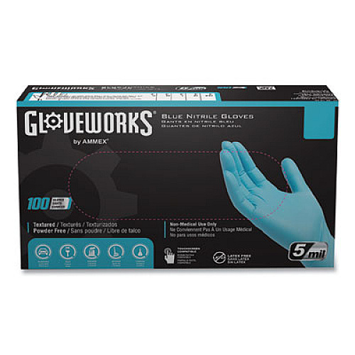 GloveWorks by AMMEX Industrial Nitrile Gloves, Powder-Free, Small, 5 mil (Palm), 6 mil (Fingers), 9.5" Long, Blue, 100/Box, 10 Boxes/Carton (INPF42100)