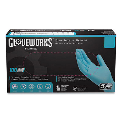 GloveWorks by AMMEX Industrial Nitrile Gloves, Powder-Free, Medium, 5 mil Thick, 9.5" Long, Blue, 100/Box, 10 Boxes/Carton (INPF44100)