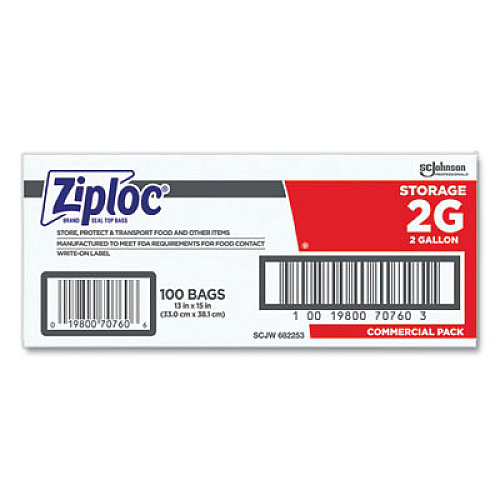 Ziploc Double Zipper Storage Bags, 2 Gallon, 15" x 13", Clear, 100/Carton (682253)