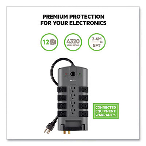 Belkin Pivot Plug Surge Protector, 12 AC Outlets, 8 ft Cord, 4,320 J, Gray (BP11223008)
