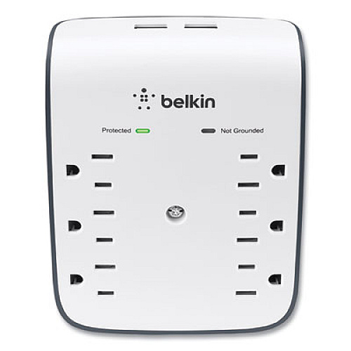 Belkin SurgePlus USB Wall Mount Charger, 6 AC Outlets/2 USB Ports, 900 J, White/Black (BSV602TT)