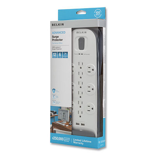 Belkin Home/Office Surge Protector, 12 AC Outlets, 6 ft Cord, 3,996 J, White/Black (BV11205006)