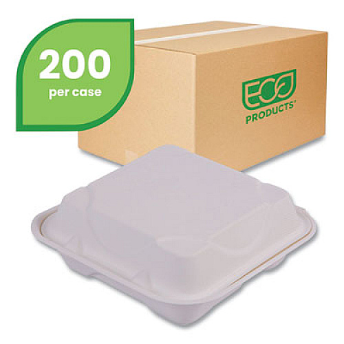 Eco-Products Vanguard Renewable and Compostable Sugarcane Clamshells, 3 Compartments, 8 x 8 x 3, White, 200/Carton (EPHC83NFA)