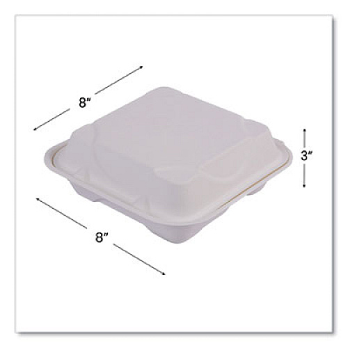 Eco-Products Vanguard Renewable and Compostable Sugarcane Clamshells, 3 Compartments, 8 x 8 x 3, White, 200/Carton (EPHC83NFA)