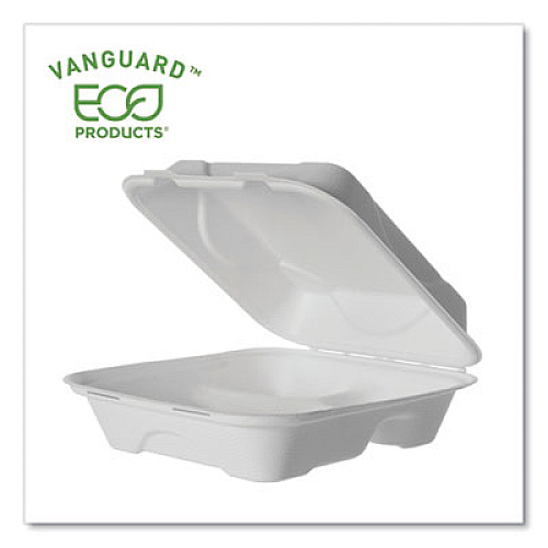 Eco-Products Vanguard Renewable and Compostable Sugarcane Clamshells, 3 Compartments, 8 x 8 x 3, White, 200/Carton (EPHC83NFA)