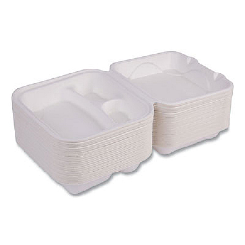 Eco-Products Vanguard Renewable and Compostable Sugarcane Clamshells, 3 Compartments, 8 x 8 x 3, White, 200/Carton (EPHC83NFA)