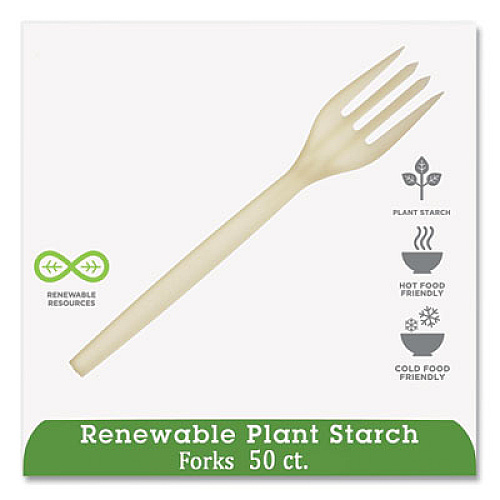 Eco-Products EcoSense Renewable Plant Starch Cutlery, Fork, Plastic, Cream, 50/Pack (EPS002PK)