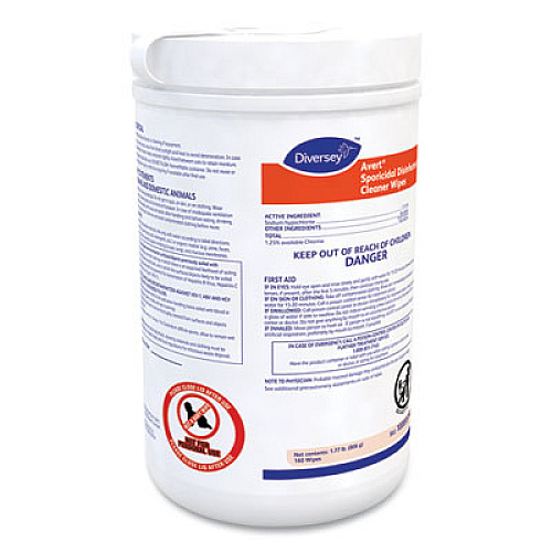 Diversey Avert Sporicidal Disinfectant Cleaner Wipes, 6 x 7, Chlorine Scent, 160/Canister, 12/Carton (100895790)