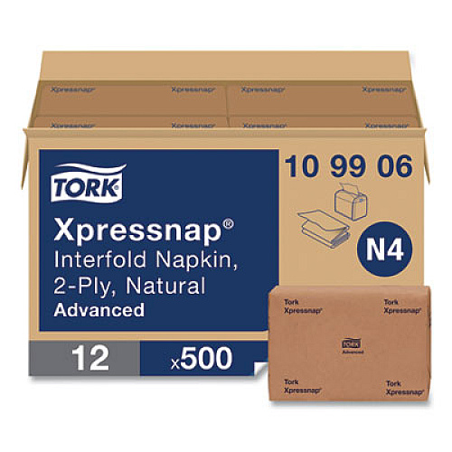 Tork Xpressnap Interfold Dispenser Napkins, 2-Ply, 6.5 x 8.5, Natural, 500/Pack, 12 Packs/Carton (109906)