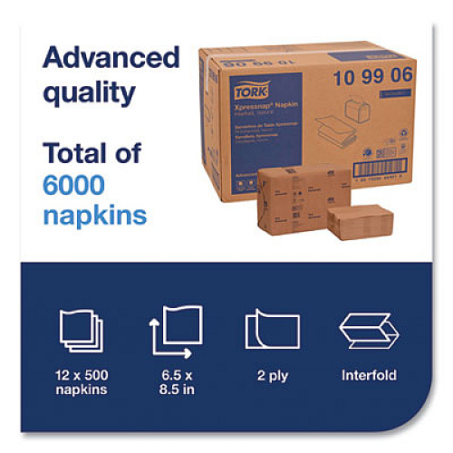 Tork Xpressnap Interfold Dispenser Napkins, 2-Ply, 6.5 x 8.5, Natural, 500/Pack, 12 Packs/Carton (109906)