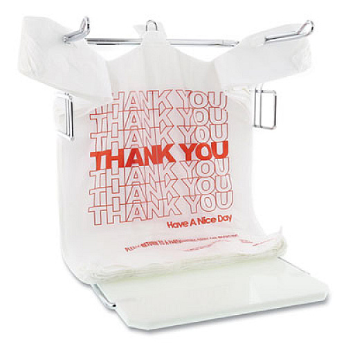 AmerCareRoyal Thank You Bags, Thank You - Have a Nice Day Labeling, Cut-Out Handles, 13" x 8" x 23", White/Red, 1,000/Carton (RPTYB6FS)