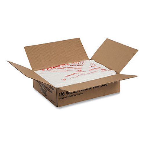 AmerCareRoyal Thank You Bags, Thank You - Have a Nice Day Labeling, Cut-Out Handles, 11.5" x 6.5" x 20", White/Red, 775/Carton (RPTYB6V)