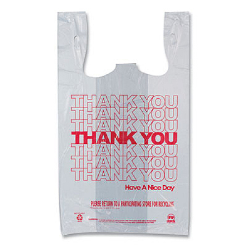 AmerCareRoyal Thank You Bags, Thank You - Have a Nice Day Labeling, Cut-Out Handles, 11.5" x 6.5" x 20", White/Red, 775/Carton (RPTYB6V)