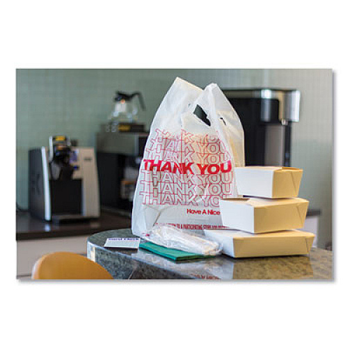 AmerCareRoyal Thank You Bags, Thank You - Have a Nice Day Labeling, Cut-Out Handles, 13" x 8" x 23", White/Red, 1,000/Carton (RPTYB6FS)