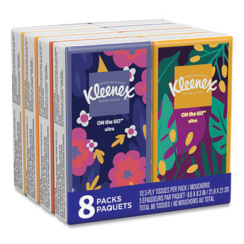 Kleenex On The Go Packs Facial Tissues, 3-Ply, White, 10 Sheets/Pouch, 8 Pouches/Pack, 12 Packs/Carton (46651CT)