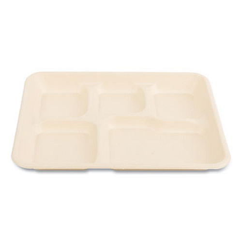 Boardwalk Bagasse PFAS-Free Food Tray, 5 Compartments, 8.26 x 0.98 x 10.9, Tan, Sugarcane, 500/Carton (TRAY128NPFA)