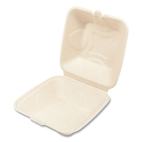 Boardwalk Bagasse PFAS-Free Food Containers, 6 x 6 x 3.19, Tan, Sugarcane, 500/Carton (HINGE66NPFA)