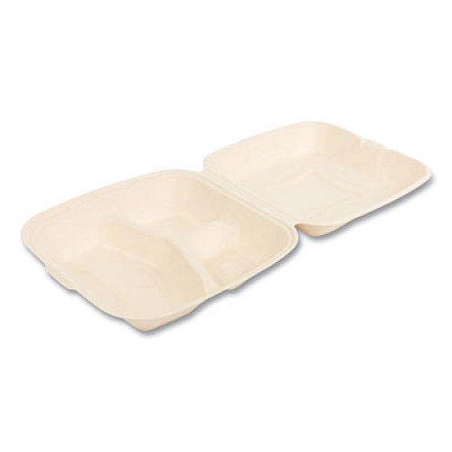 Boardwalk Bagasse PFAS-Free Food Containers, 3 Compartments, 9 x 3.19 x 9, Tan, Sugarcane, 200/Carton (HNGE3C9NPFA)