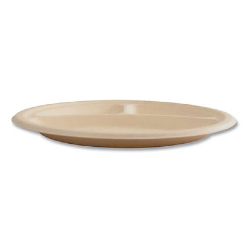 Boardwalk Bagasse PFAS-Free Dinnerware, 3-Compartment Plate, Sugarcane, 10" dia, Tan, 500/Carton (PLT3C10NPFA)