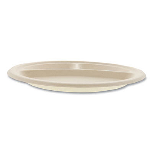 Boardwalk Bagasse PFAS-Free Dinnerware, 3-Compartment Plate, Sugarcane, 10" dia, Tan, 500/Carton (PLT3C10NPFA)
