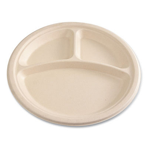 Boardwalk Bagasse PFAS-Free Dinnerware, 3-Compartment Plate, Sugarcane, 10" dia, Tan, 500/Carton (PLT3C10NPFA)