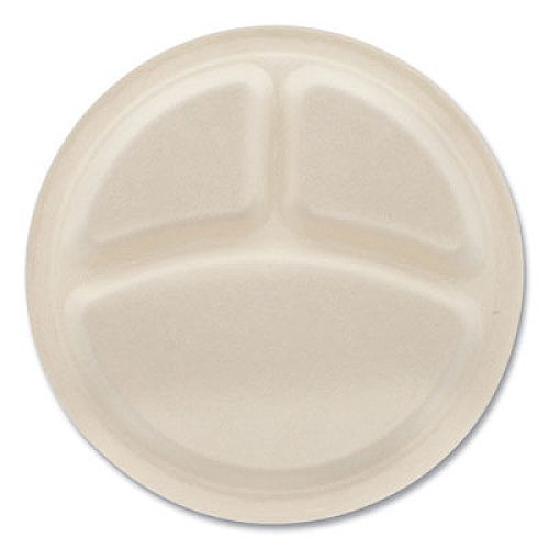 Boardwalk Bagasse PFAS-Free Dinnerware, 3-Compartment Plate, Sugarcane, 10" dia, Tan, 500/Carton (PLT3C10NPFA)