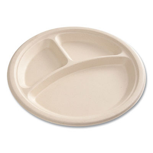Boardwalk Bagasse PFAS-Free Dinnerware, 3-Compartment Plate, Sugarcane, 10" dia, Tan, 500/Carton (PLT3C10NPFA)