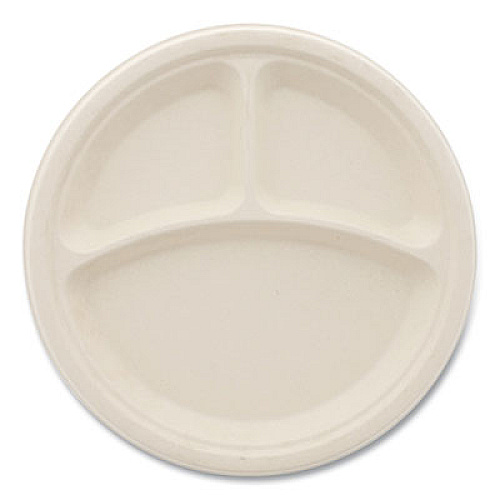 Boardwalk Bagasse PFAS-Free Dinnerware, 3-Compartment Plate, Sugarcane, 10" dia, Tan, 500/Carton (PLT3C10NPFA)