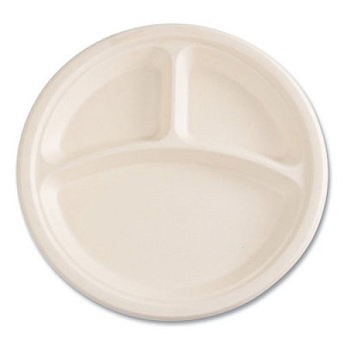 Boardwalk Bagasse PFAS-Free Dinnerware, 3-Compartment Plate, Sugarcane, 10" dia, Tan, 500/Carton (PLT3C10NPFA)