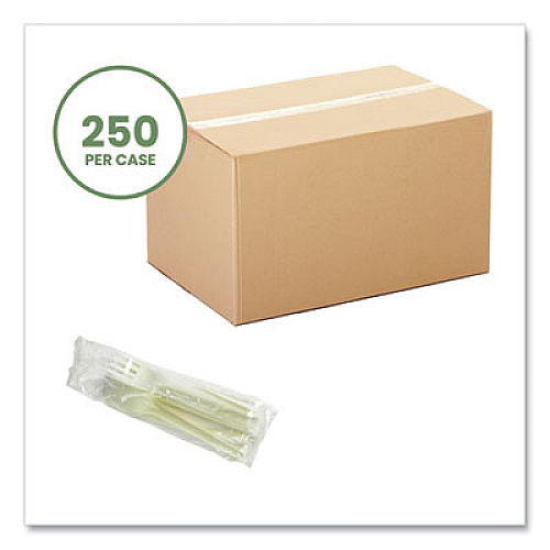 Vegware Cutlery Kits, Compostable, General Purpose, Fork/Knife/Napkin/Spoon, Plastic, White, 250/Carton (VWKFSWN)