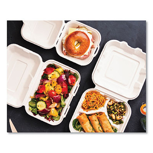 Vegware White Molded Fiber Clamshell Containers, Compostable, 3 Compartments, 7.9 x 7.9 x 2.9, White, Sugarcane, 200/Carton (WHBRG83HW)