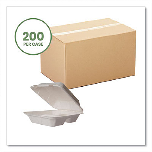 Vegware White Molded Fiber Clamshell Containers, Compostable, 3 Compartments, 7.9 x 7.9 x 2.9, White, Sugarcane, 200/Carton (WHBRG83HW)