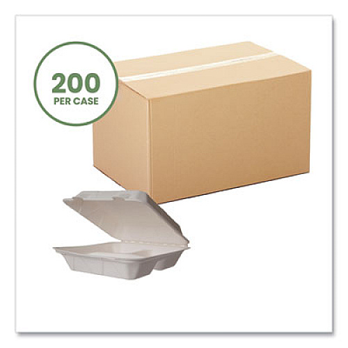 Vegware White Molded Fiber Clamshell Containers, Compostable, 3 Compartments, 9 x 18 x 2, White, Sugarcane, 200/Carton (WHBRG93HW)