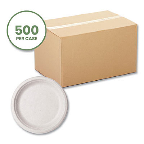 Vegware Nourish Molded Fiber Tableware, Compostable, Plate, Sugarcane, 9" dia, White, 500/Carton (VWP013NFA)