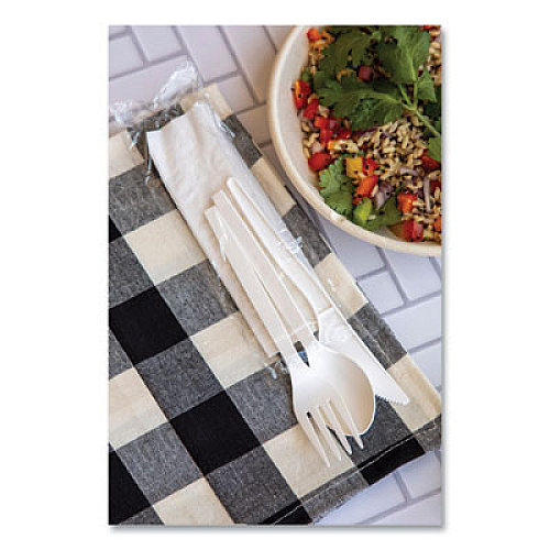 Eco-Products EcoSense Renewable PSM Wrapped Cutlery Kit, Fork/Knife/Napkin/Spoon, Plastic, White, 250/Carton (EPS005)