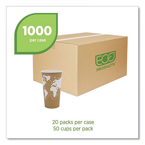 Eco-Products World Art Renewable and Compostable Hot Cups, 20 oz, Paper, Brown/White, 50/Pack, 20 Packs/Carton (EPBHC20WA)