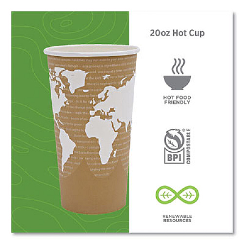 Eco-Products World Art Renewable and Compostable Hot Cups, 20 oz, Paper, Brown/White, 50/Pack, 20 Packs/Carton (EPBHC20WA)