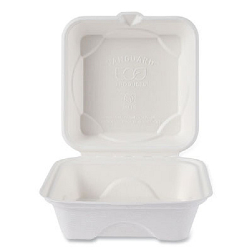Eco-Products Vanguard Renewable and Compostable Sugarcane Clamshells, 6 x 6 x 3, White, 500/Carton (EPHC6NFA)