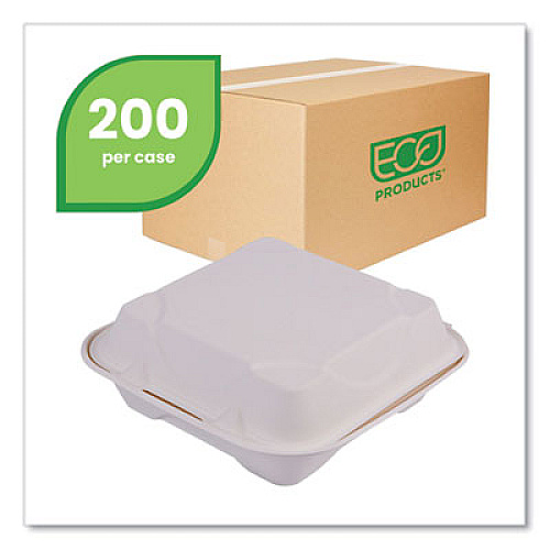 Eco-Products Vanguard Renewable and Compostable Sugarcane Clamshells, 8 x 8 x 3, White, 200/Carton (EPHC81NFA)