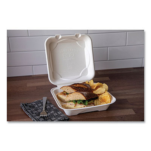 Eco-Products Vanguard Renewable and Compostable Sugarcane Clamshells, 8 x 8 x 3, White, 200/Carton (EPHC81NFA)