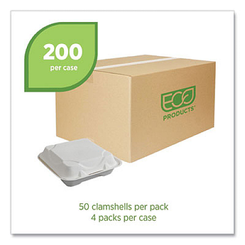 Eco-Products Vanguard Renewable and Compostable Sugarcane Clamshells, 9 x 9 x 3, White, 200/Carton (EPHC91NFA)