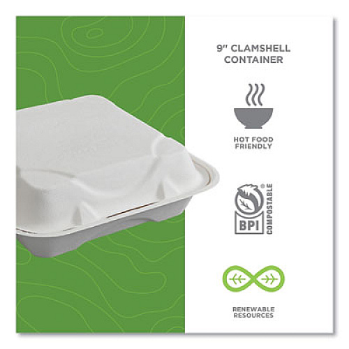 Eco-Products Vanguard Renewable and Compostable Sugarcane Clamshells, 9 x 9 x 3, White, 200/Carton (EPHC91NFA)