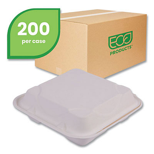 Eco-Products Vanguard Renewable and Compostable Sugarcane Clamshells, 3 Compartments, 9 x 9 x 3, White, 200/Carton (EPHC93NFA)
