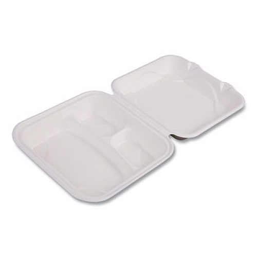 Eco-Products Vanguard Renewable and Compostable Sugarcane Clamshells, 3 Compartments, 9 x 9 x 3, White, 200/Carton (EPHC93NFA)