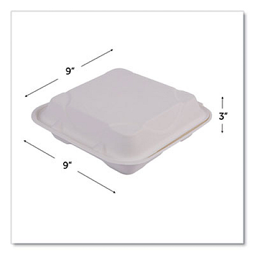 Eco-Products Vanguard Renewable and Compostable Sugarcane Clamshells, 3 Compartments, 9 x 9 x 3, White, 200/Carton (EPHC93NFA)