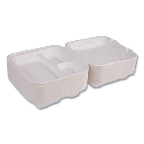 Eco-Products Vanguard Renewable and Compostable Sugarcane Clamshells, 3 Compartments, 9 x 9 x 3, White, 200/Carton (EPHC93NFA)